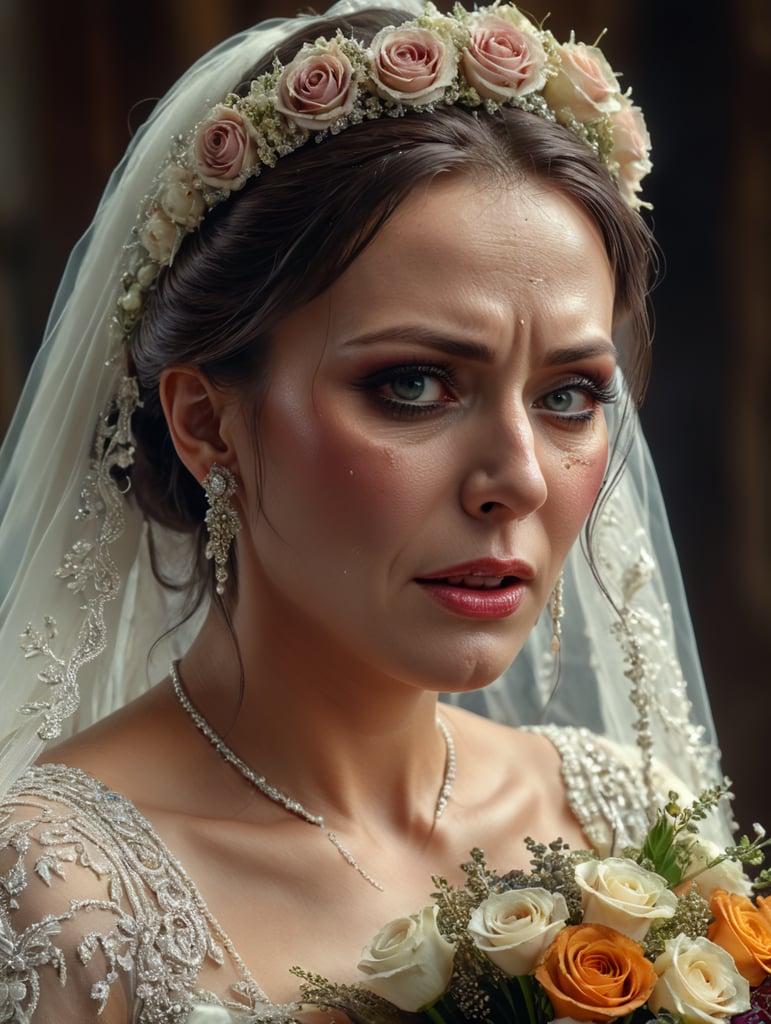 n ugly crying bride shot from 3 4 profile, holding a beautiful bouquet. She has an asymetric face, droopy eyes, very dry hair and a crooked nose