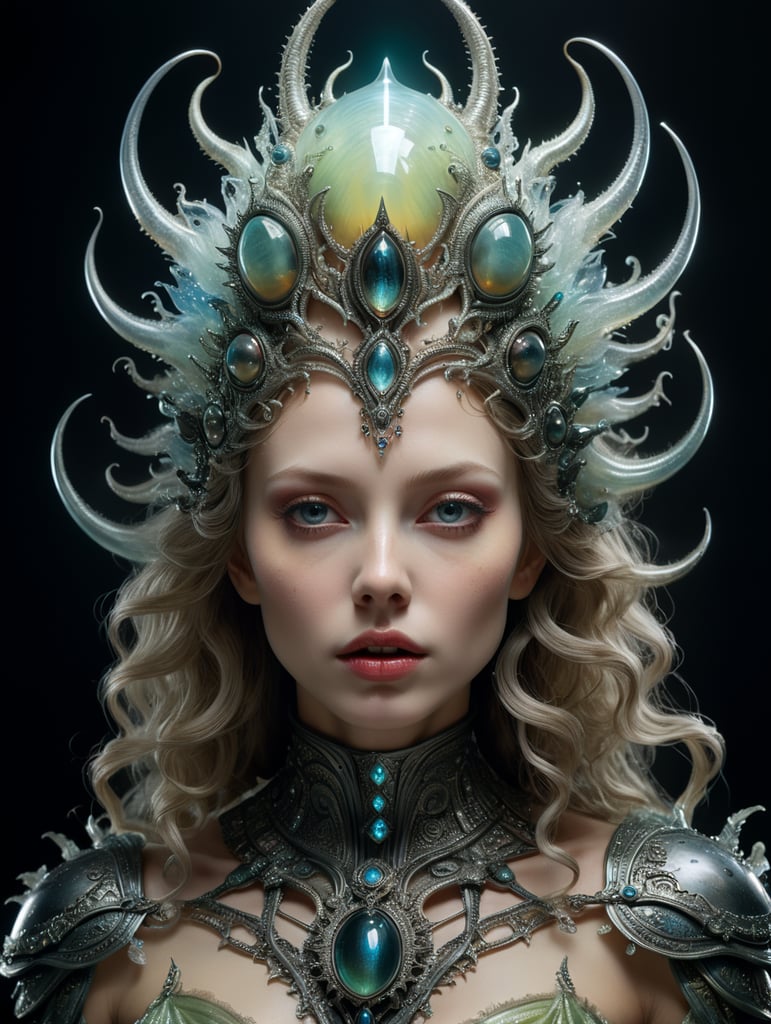 high fashion photography , shot by tim walker, photorealistic , Gorgeous alien princess, hirsute elixir, magic, dream sequence, bizarre natural phenomenon, bioluminescence, vibrant, hyper-realistic photograph, dreamlike figure, etherial levitating figure, higher consciousness, shot with Hasselblad