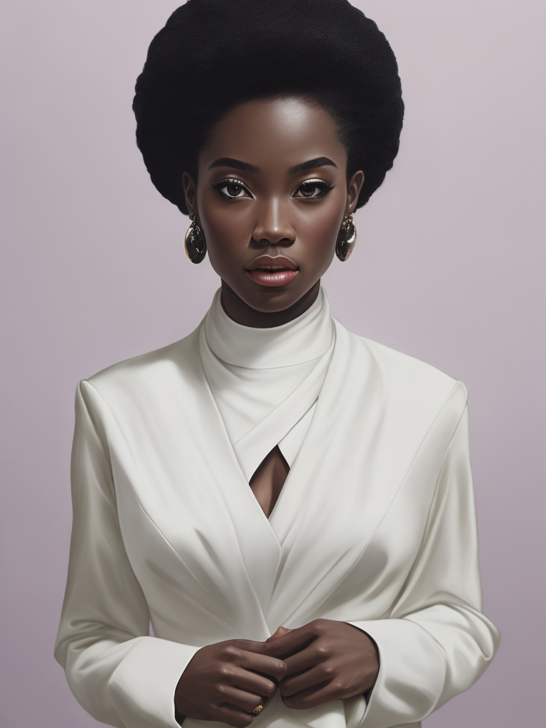 Portrait of a beautiful african american woman wearing a white wedding dress, by tran nguyen