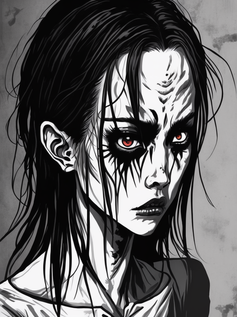 zombie girl illustration, painting, manga, horror, b , Japan, style of Junji Ito