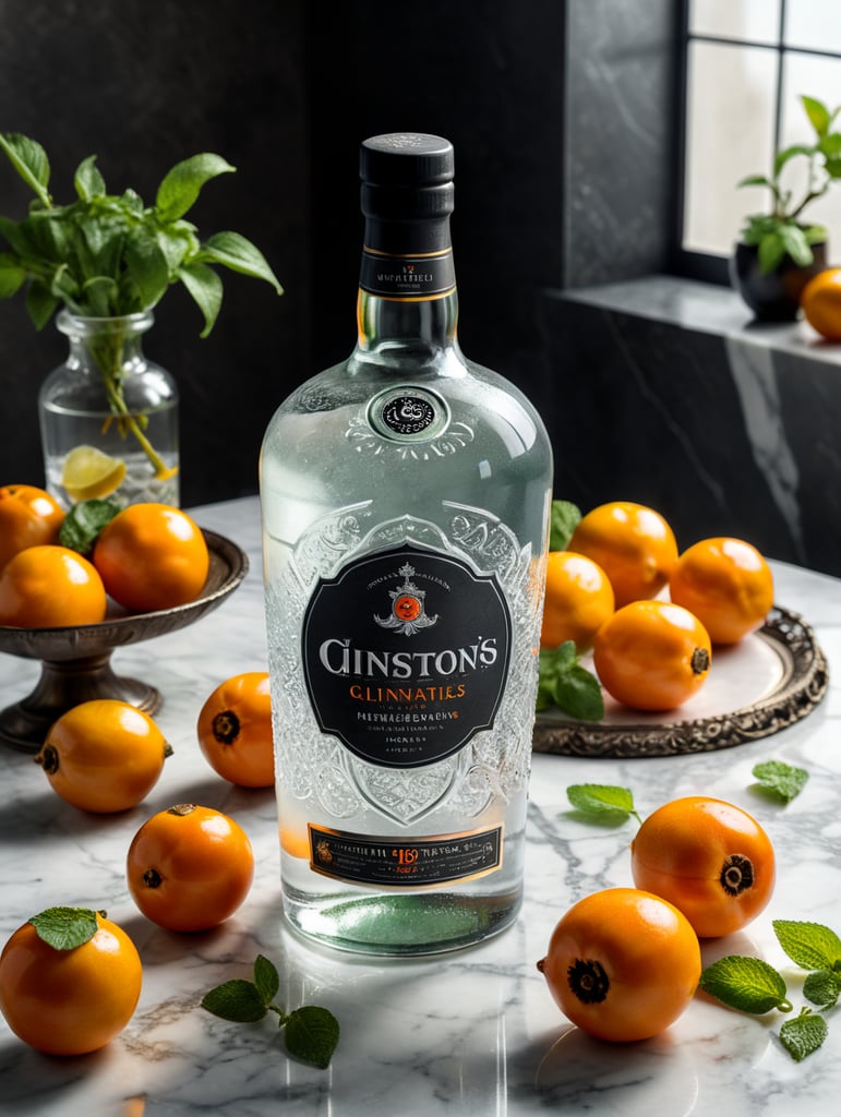 professional photo of a gin bottle on a white marble table surrounded by lemons, persimmons and mint, natural light