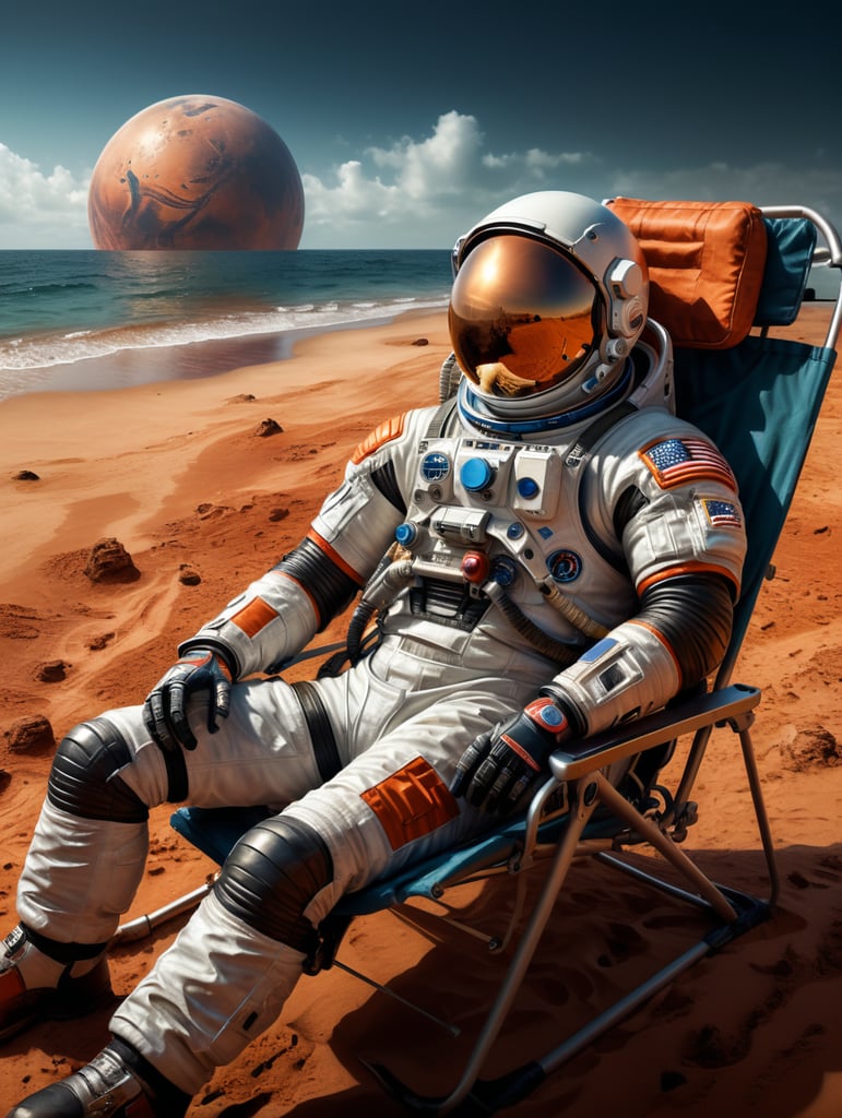 an astronaut resting on mars in a beach chair, photo
