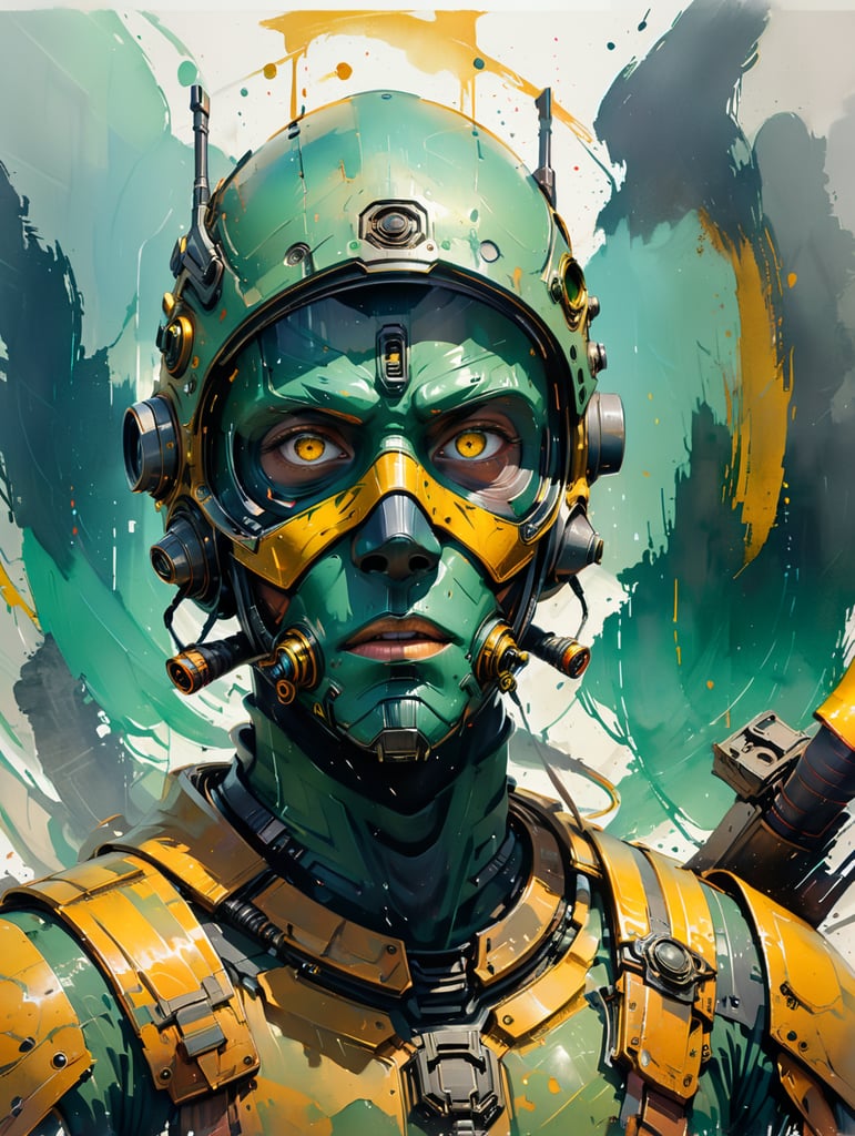 kyuzo, science fiction, green skin, yellow eyes, thin round shield as hat on head, breathing mask, blaster rifle, long robes over light armor, ralph mcquarrie style