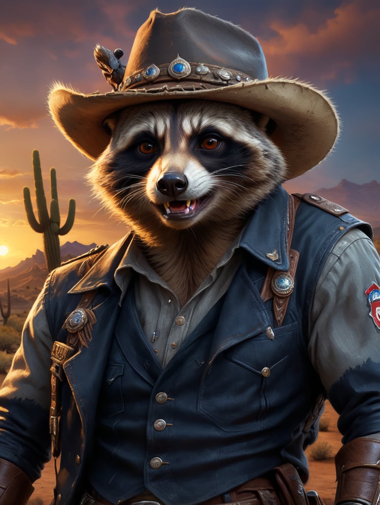 Cheeky racoon. Eye winking. dressed as a cowboy in a desert country and western setting