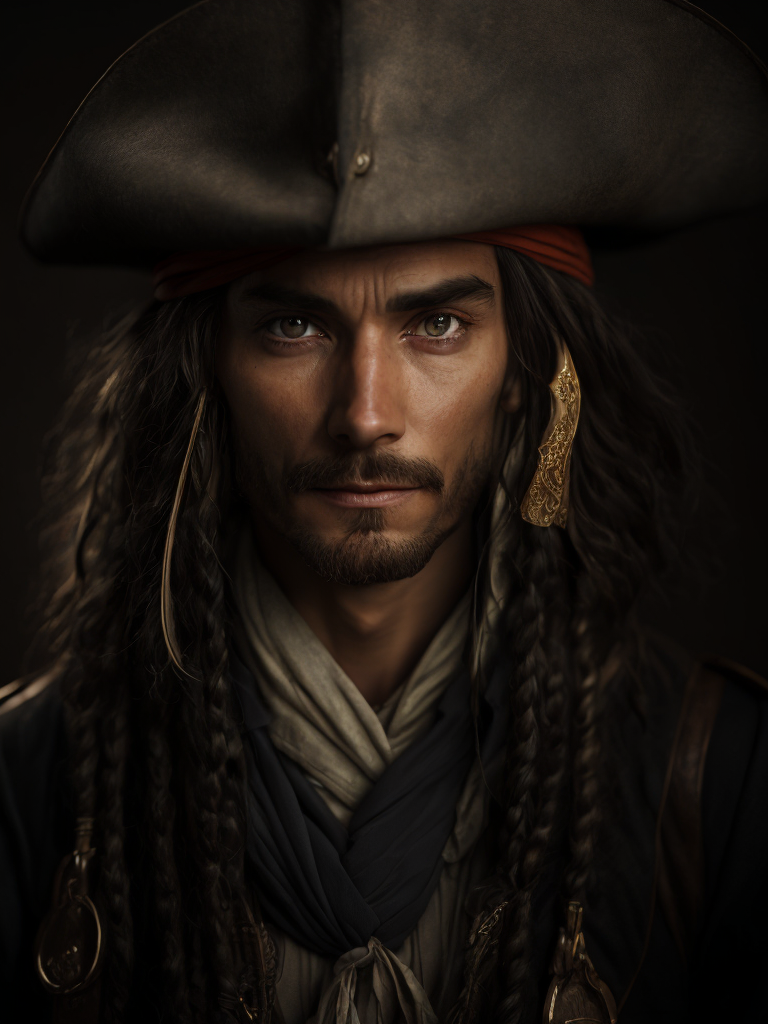 portrait of a pirate, serious look, wrinkles on the face, high-quality rendering, dark atmosphere, muted colors