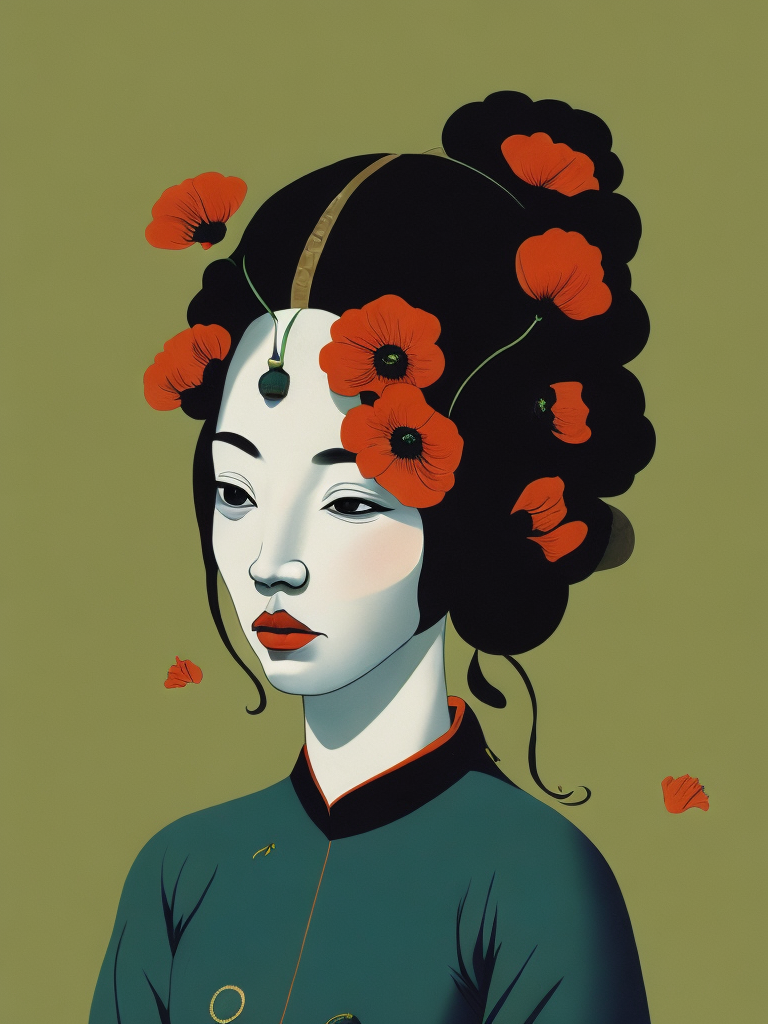 Hiroshi Nagai, ultrafine detailed painting of a woman with a n opium poppy flower in her hair, whimsical, detailed painting