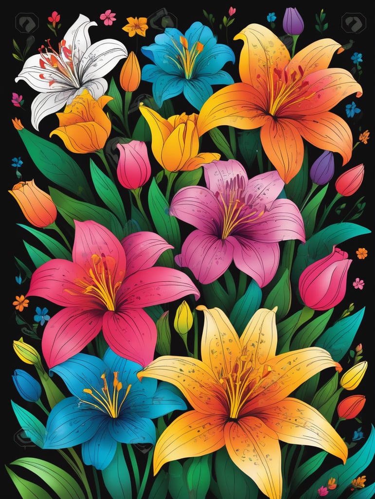create a vivid colorful a4 size cover page for coloring book on flowers. Black background many colorful flowers make the cover bright and vivid where the flowers are overlapping each other, include roses lily's and other flowers on the cover page make the colours bright in two tone and let the colours pop