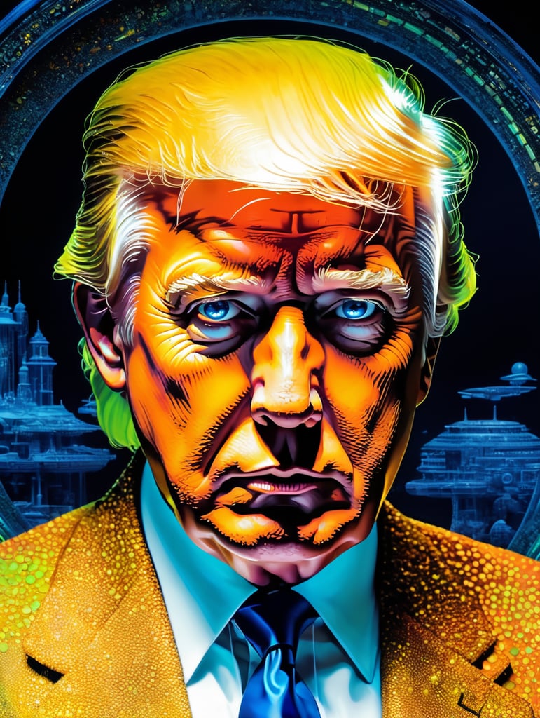 Fine Art Fluorescent Pointillism Sci-fi Surrealism Photography, Futuristic Donald Trump, Portrait made of hyper-detailed transparent frosted plastic, Moebius Bernard Buffet, van Gogh, Vermeer, Erin Hanson, Pierre Soulages, National Geographic, textured depth, vibrant fluorescent hyperrealism photo