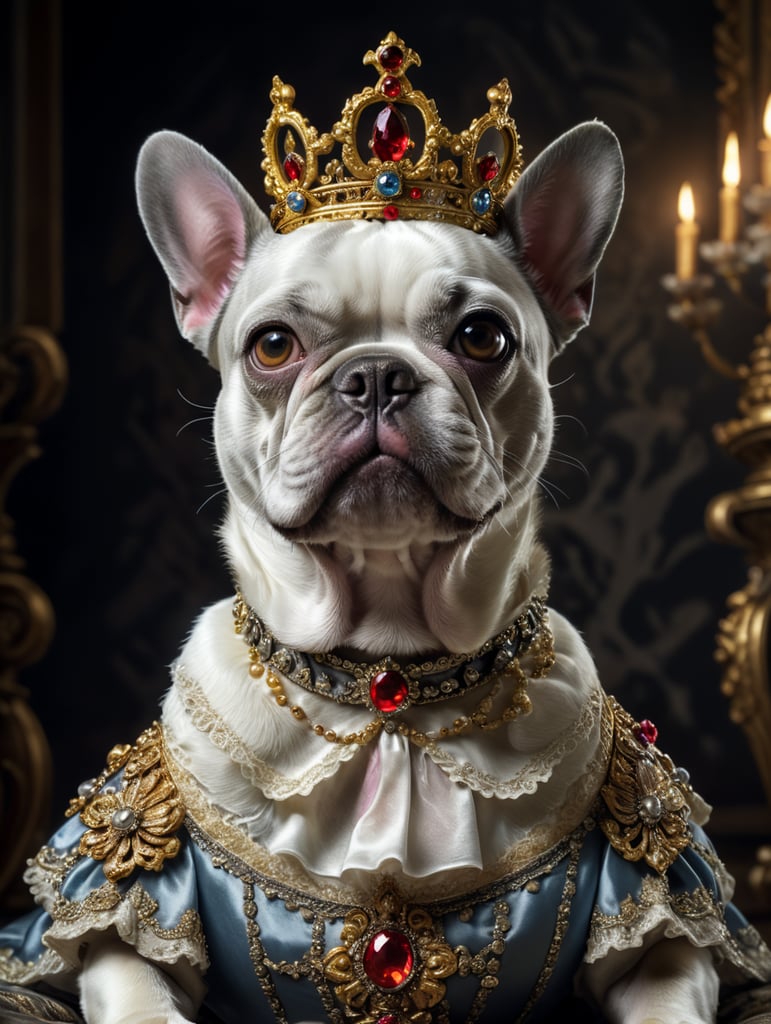 Направи аристократично бароково изображение на сив женски френски булдог, облечен в барокова рокля, с барокова корона