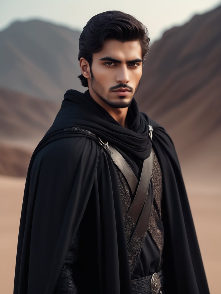 Close-up fantasy-inspired portrait of a haute couture hauntingly handsome 19-year-old Persian male fashion model looking directly into the camera, with warm brown eyes and roguish black hair. He is wearing black assassin robes and a billowing black cape, with the desert at night as the background. The atmosphere is ethereal and dreamy with fog. This photoshoot was done by Alessio Albi for an editorial in a fashion magazine, featuring various fashion poses. The style is reminiscent of Kinfolk Magazine, with a film grain effect.