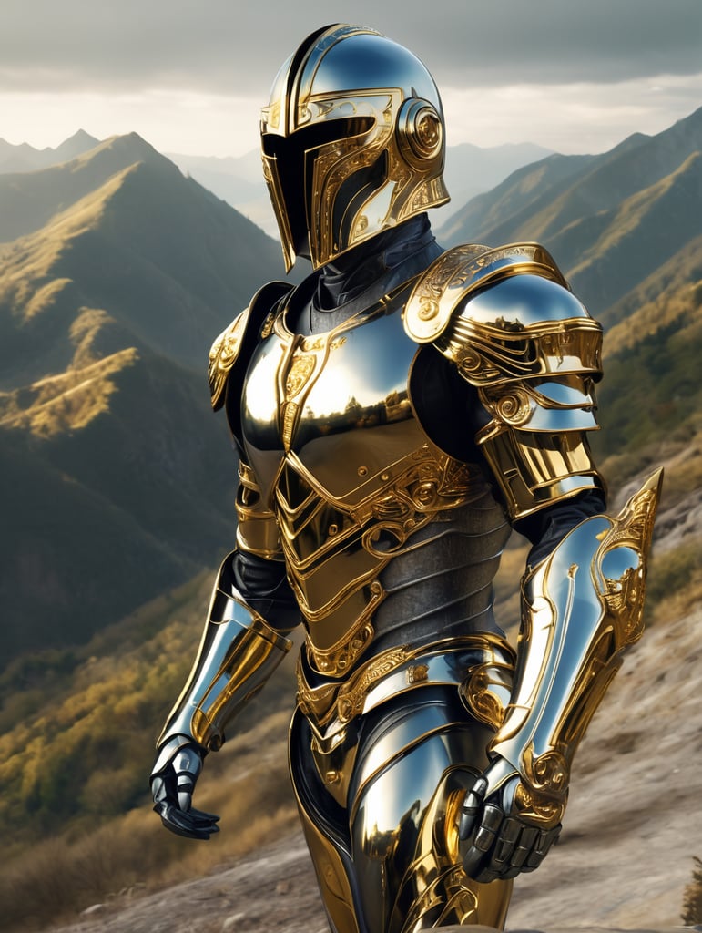 Cyber knight wearing gold chrome helmet, shining reflections, walking in the mountains, photorealistic, hyper-detailed, eerie atmosphere