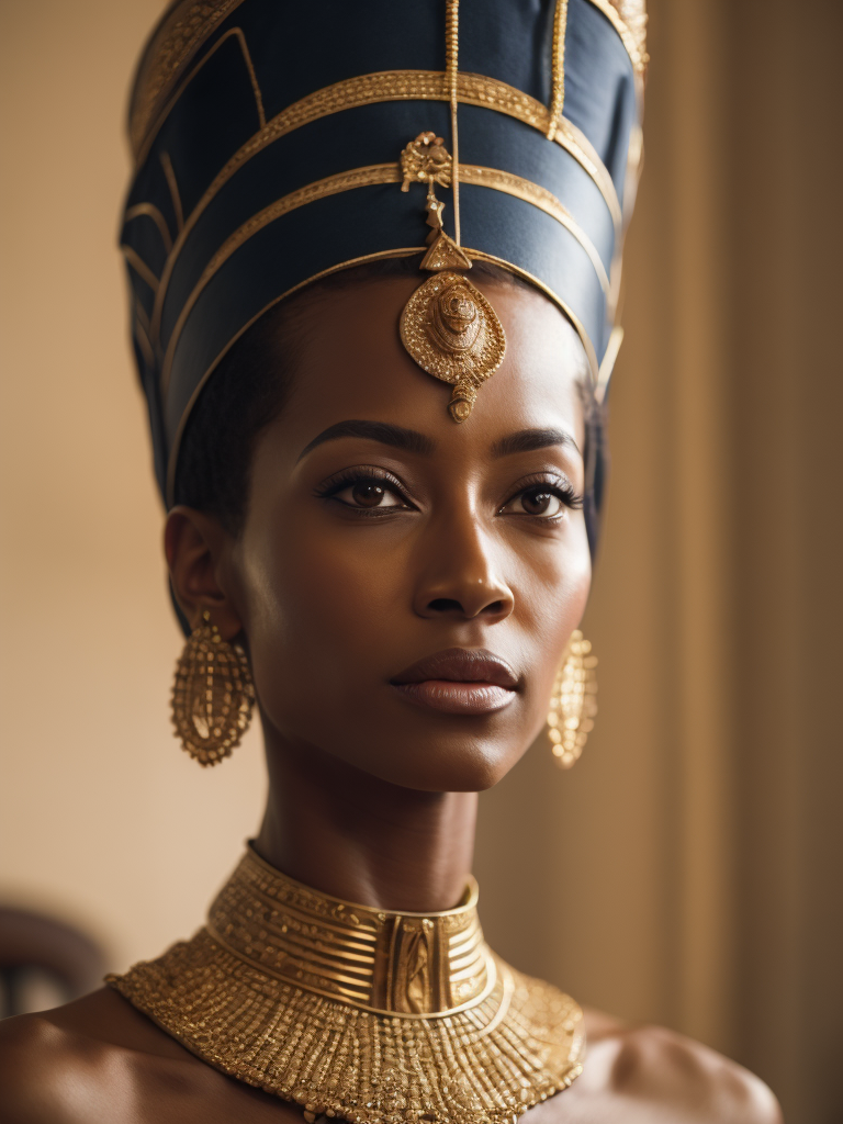 A mesmerizing scene capturing Queen Nefertiti of Egypt in her elegant regal attire, exuding beauty and grace as she stands as a symbol of power and femininity, mesmerizing, regal, elegant, influential, graceful, DSLR, wide-angle lens, midday, majestic and composed, digital