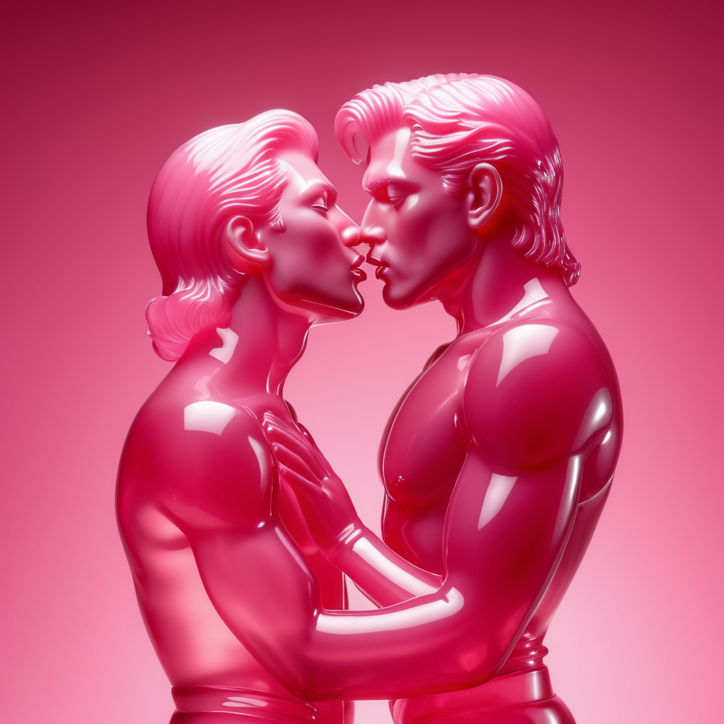 Kiss Art: Two pink translucent wax figures kissing each other, isolated, pink background