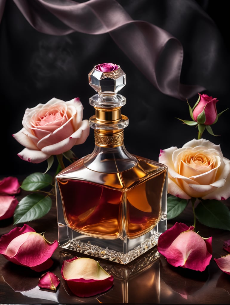 professional photography of a luxury perfume, square bottle, surrounding a rose petals, rose satin scarf on a background, no label, clear, mockup