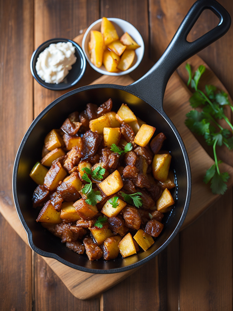 fried potatoes with juicy fried meat on a wooden background