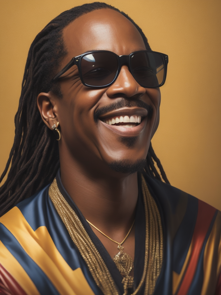 Portrait of Stevie Wonder smiling, incredibly high detail, oil painting, saturated colors, dramatic lighting, african motif background