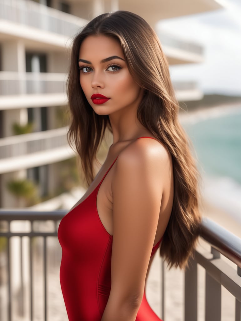 High quality image, a beautiful 22 year old brunette girl, slightly tanned, long and straight hair, red lipstick, medium bust, wearing a red swimsuit, standing on a hotel balcony overlooking a beach, dramatic lighting, blurred background