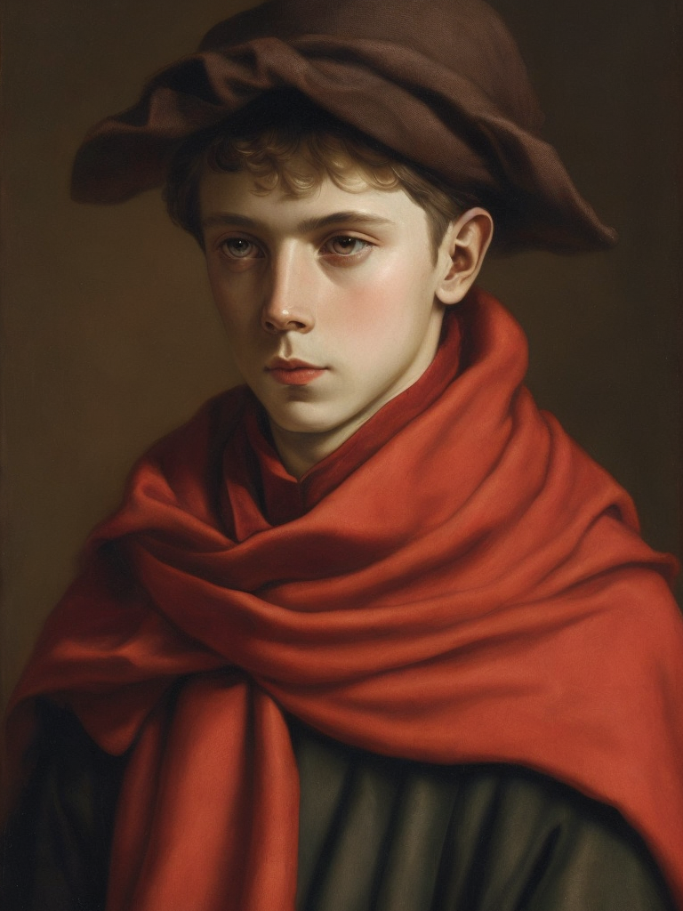 pioneer boy with a red scarf around his neck and a red cap in the style of the artist Jan van Eyck.