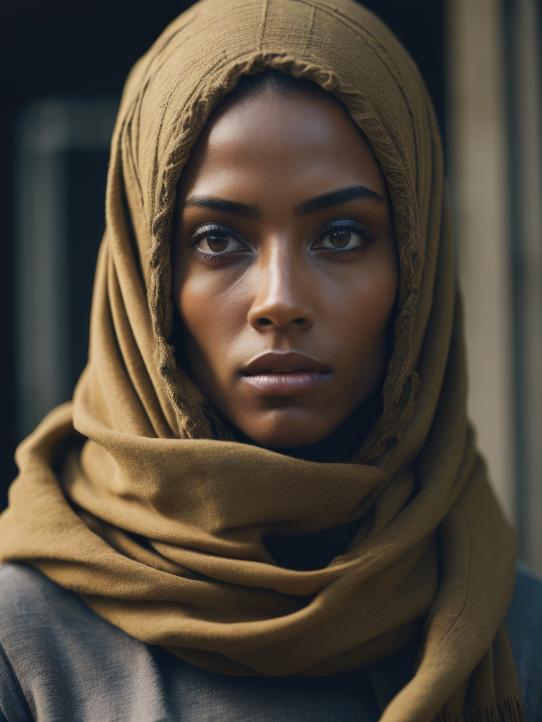 an African Female model wearing a brown beanie, a sweatshirt with the writing JUNKJVNK and an African colored scarf on her neck.