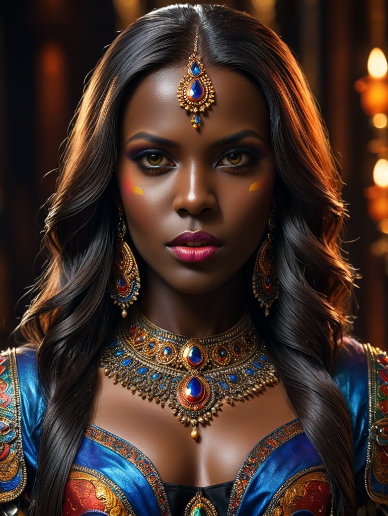 sira kante de corpo inteiro com cabelos lisos e compridos cores vivas e saturadas, elegante, altamente detalhado, foco nítido, maquiagem brilhante e expressiva, iluminação dramática, profundidade de campo, incrivelmente detalhado