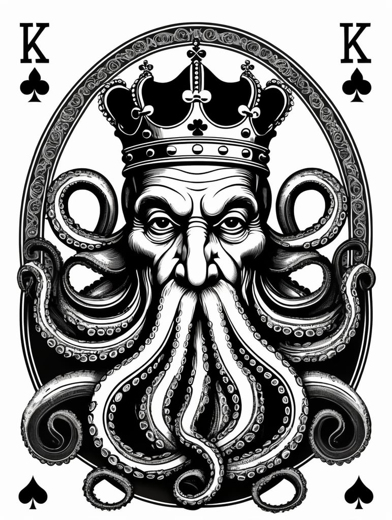 king octopus of clubs playing card, face card, linocut art style, black ink, ultra realism, simple lines, vector