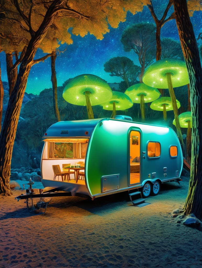 Fine Art Fluorescent Pointillism Sci-fi Surrealism Photography, Futuristic camping trailer, Portrait made of hyper-detailed transparent frosted plastic, Moebius Bernard Buffet, van Gogh, Vermeer, Erin Hanson, Pierre Soulages, National Geographic, textured depth, vibrant fluorescent hyperrealism photo