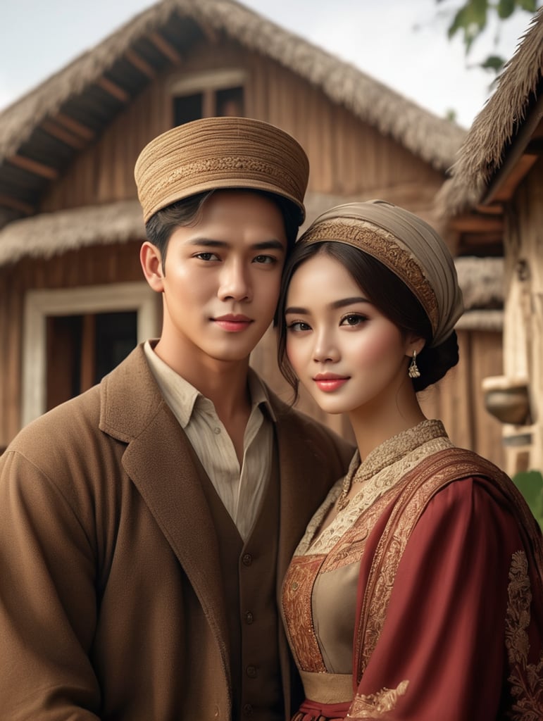 foto couple muda dengan busana cottage core,epic details, realistic, raytracing, photorealistic , Cinematic, Ultra HD, vintage, realistic human photo, ultra realistic, epic details, intricate details, Professional photography.