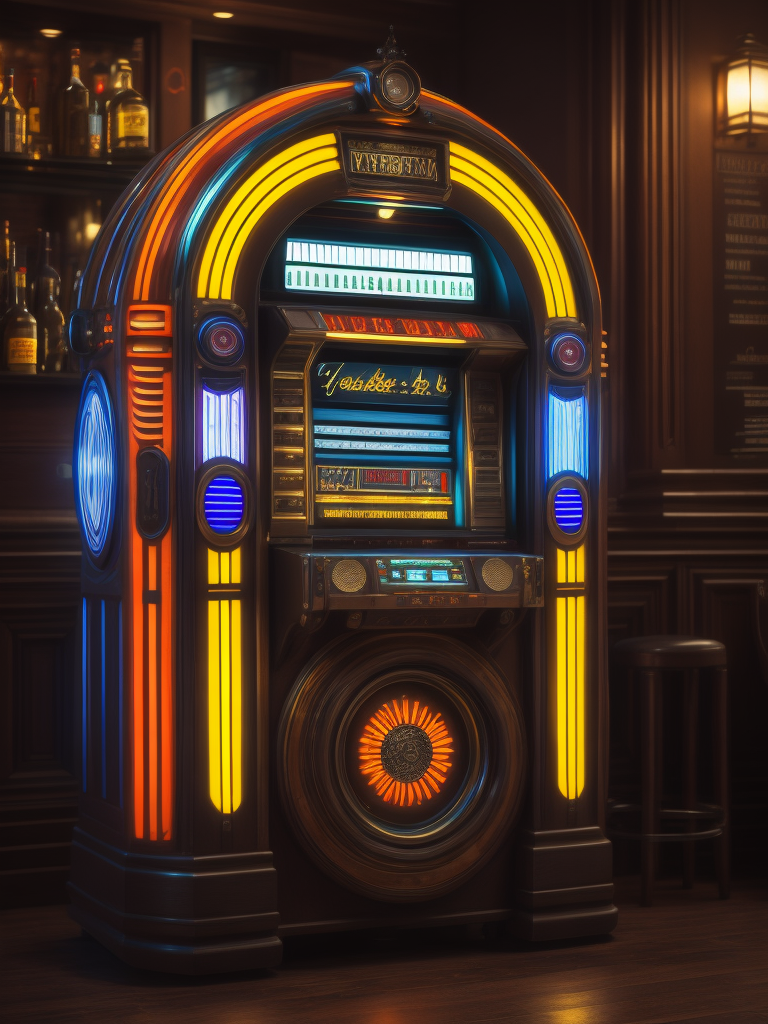 Retro jukebox in a bar, sharp focus, highly detailed,