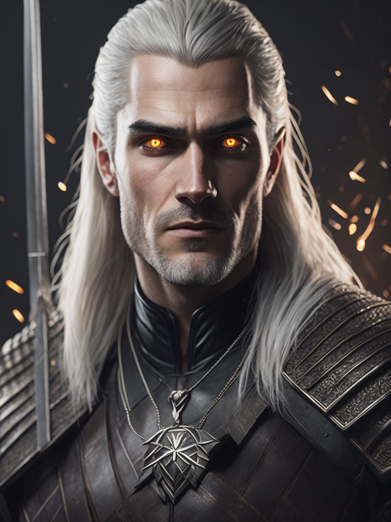 Геральт из Ривии (ведьмак), на фоне Аретузы в огне, серебряный меч в руках, меч в крови, на заднем плане летают вороны, белые волосы у ведьмака, максимальная детализация.