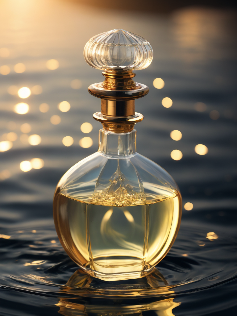 A delicate and noble glass perfume bottle was placed in the middle of the water，The sunlight asperses full, on the water flutters falls ，the petalhas ，the dewthe crystal ，clear feelingthe warm color tone,Headshot Center，the composition，Hyper，realistic style，realistic，photography，high detailhigh quality，high resolution，8k
