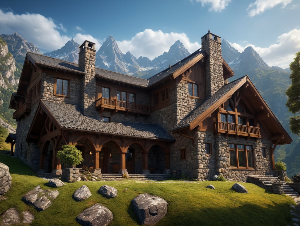 mountain house built of stone, with large windows, mountains in the background