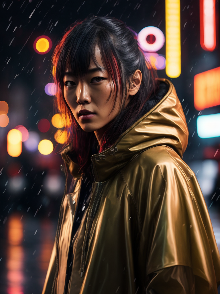 Portrait of Kaori from akira wearing transparent raincoat, rainy neo tokyo photoshoot, cyberpunk, Vivid saturated colors, Contrast light, studio photo, professional photo, Detailed image, detailed face
