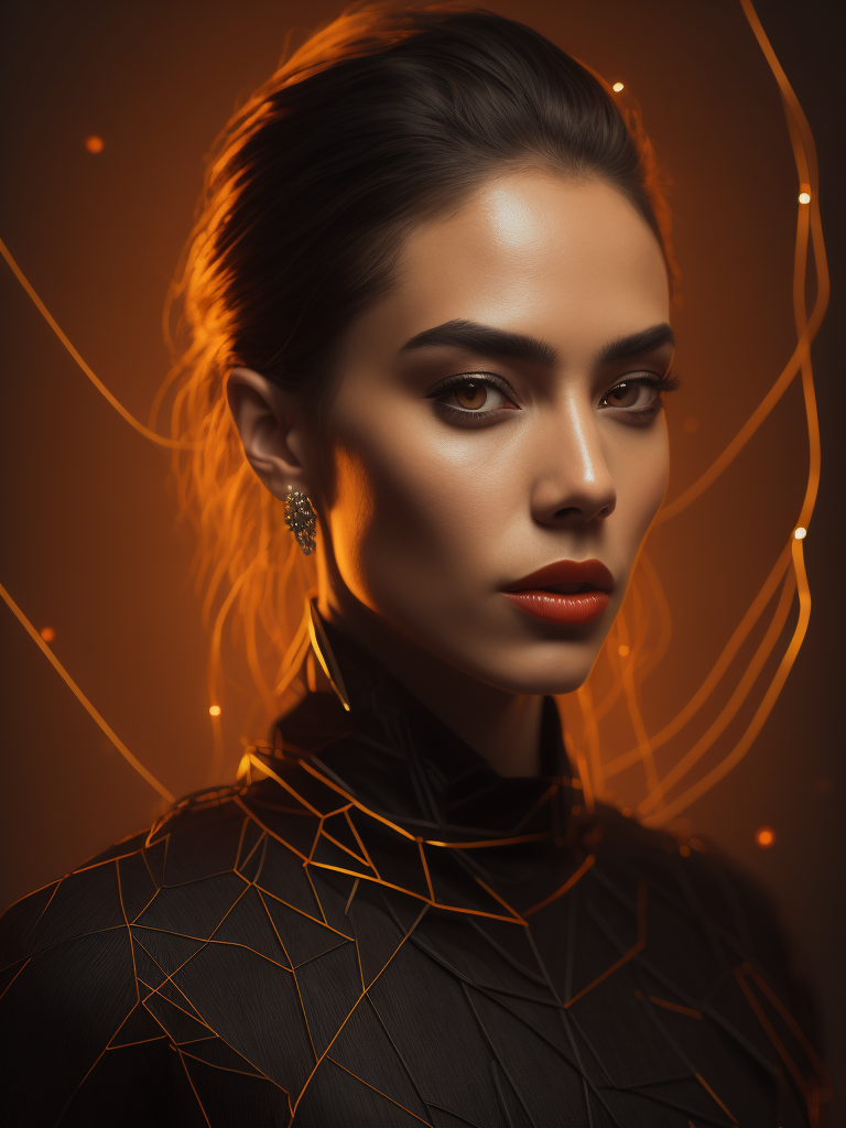 a fashion studio photo of a woman dressed in a black dress made of electrical wires, perfectly lit, solid orange background, Vivid saturated colors, Contrast color, studio photo, professional photo, Rich colors, Detailed image, detailed face