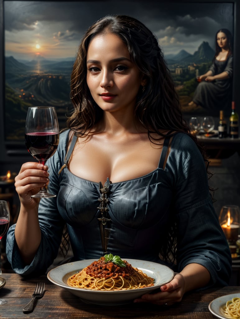 monalisa painting holding a glass of wine while having a plate of spaghetti as lunch
