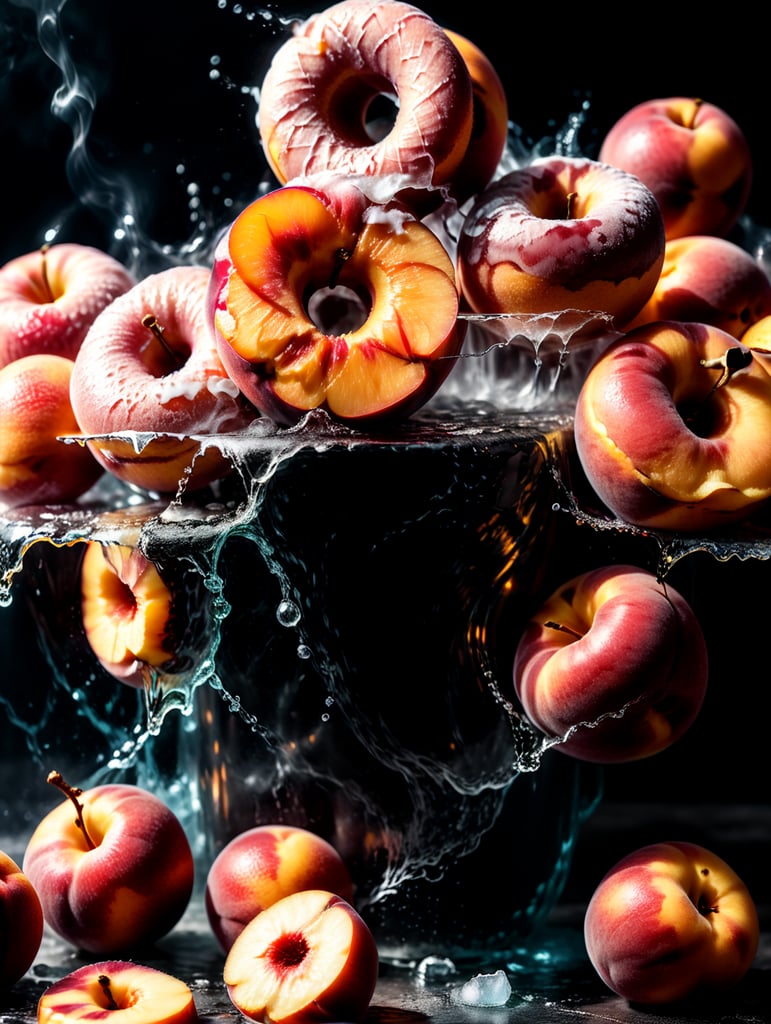 only peaches, peaches should be donut peaches, peach slices floating, mixed peach liquid, peach background, smoke, icy slushee, 4k photo-realistic
