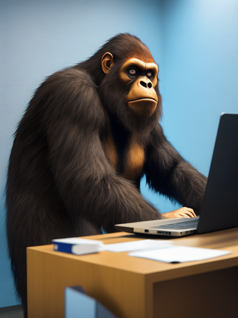 bigfoot in a cubicle working at an office job , hyper-realistic, hyper-sharp, hyper-colorful, hyper-vivid