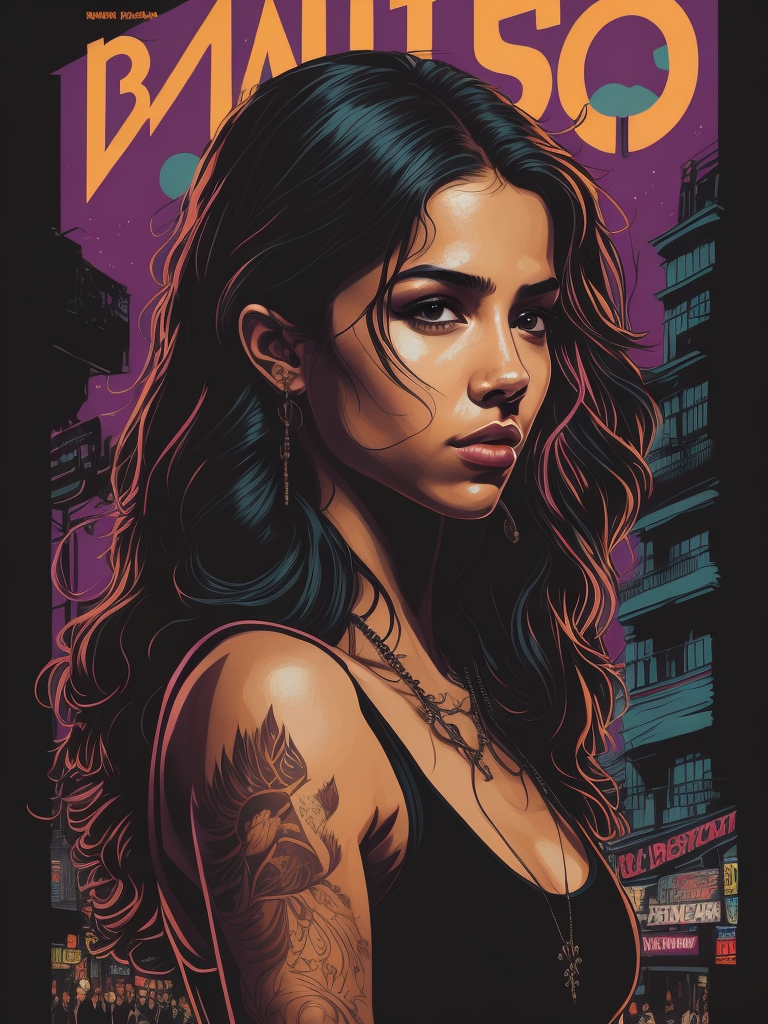 Poster style illustration of a Latina brunette teenage girl in defiant pose with urban art in the background, Mexico City. Street art style, poster, Banksy style. neon colors, rim light