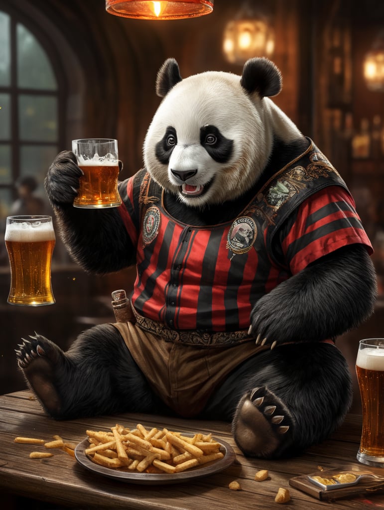 panda bear wearing redblack striped shirt and black pants enjoying beer glass octoberfest