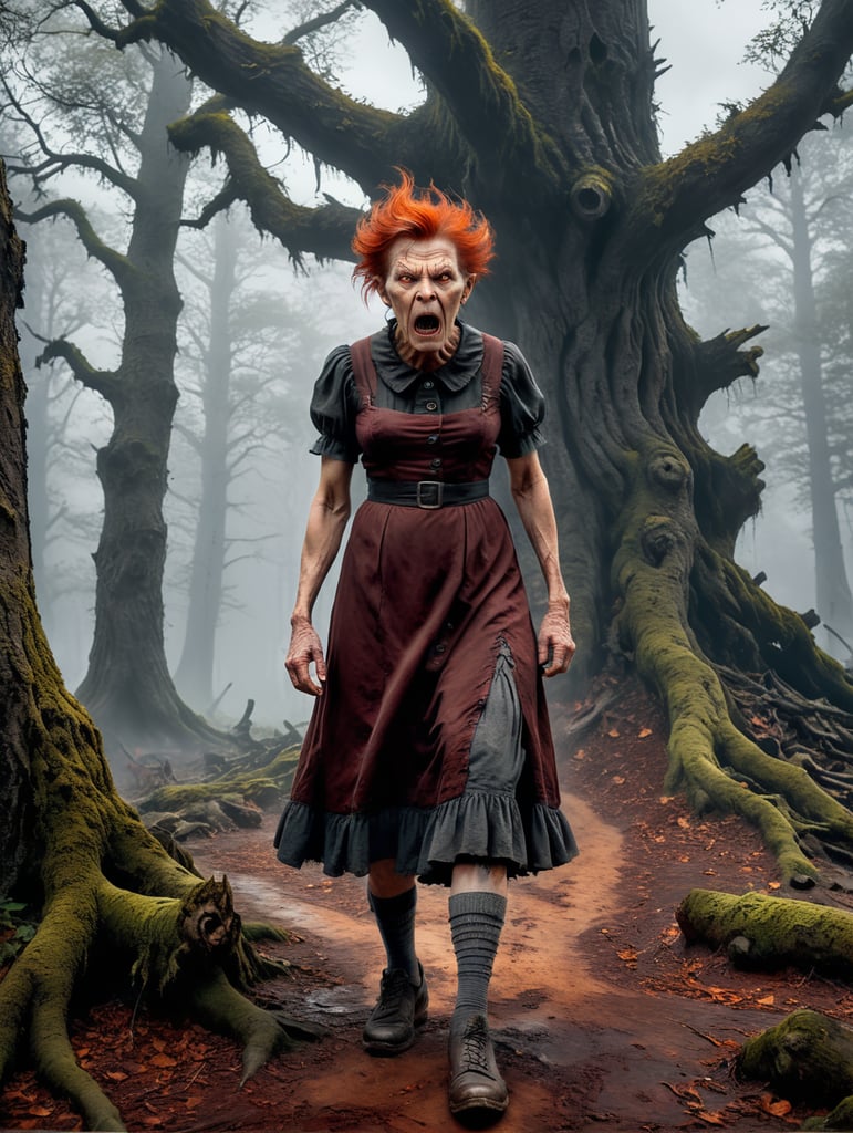 An old witch, short and fat, red hair and pale orange skin. dressed in a tattered dark maroon dress buttoned up to the neck with grey torn stockings and old battered shoes, very ugly with a small nose and warts, a hunched back. viewed from the front. Looking angry and shaking a fist. standing by an ancient tree in a dark scary wood. Mist in the background