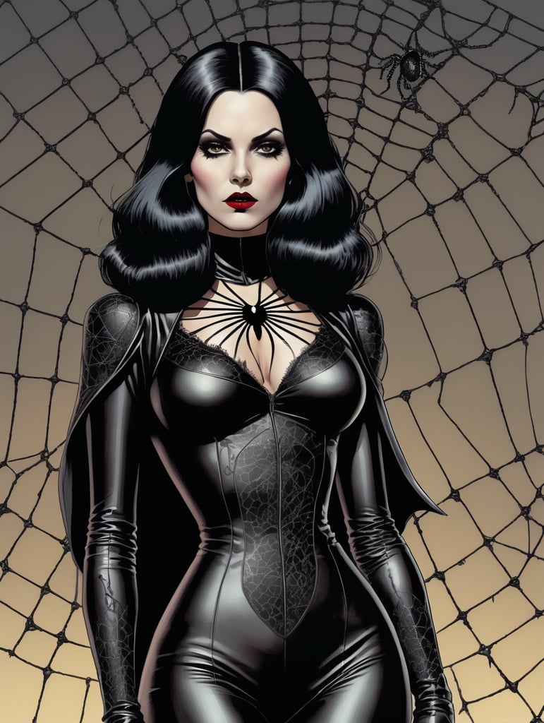 70s comic art Female vampire Goth with dark black hair with black spider web suit 70s comic