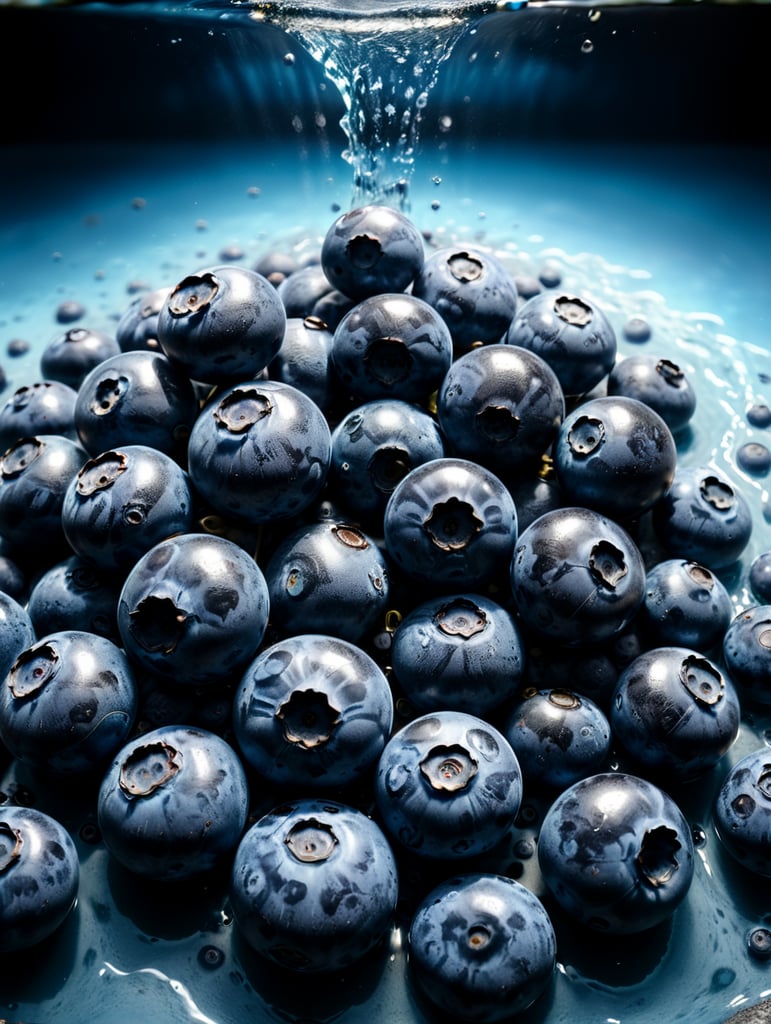 only blueberries everywhere floating, mixed blue liquid, blue background, 4k photo-realistic
