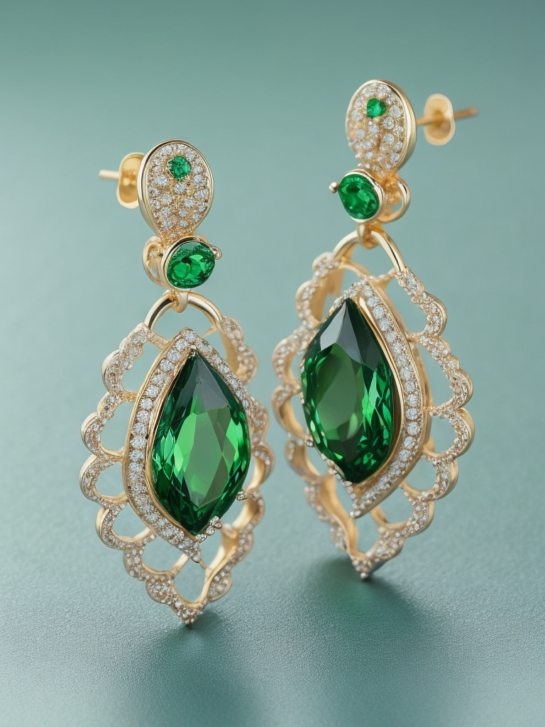 Queen gold jewellery earrings adorned with emeralds, green gradient background, vibrant colors, high detail, contrast light, sharp focus