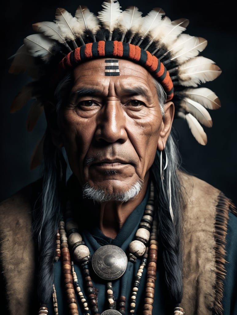 portrait, old western Native American Shaman, national clothing, dark scene, dark atmosphere, epic shot, sharp on details