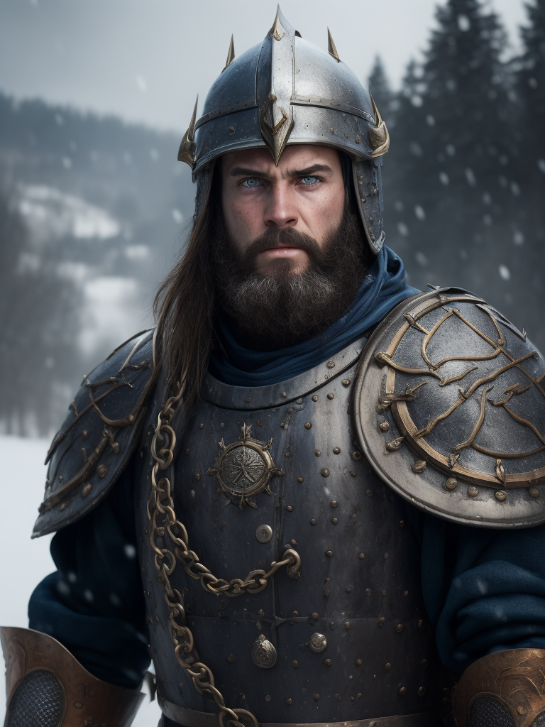 Portrait of a medieval Slavic warrior with a beard, wearing a helmet and chain mail, gray-blue eyes, a face stained with blood, against the backdrop of a winter landscape