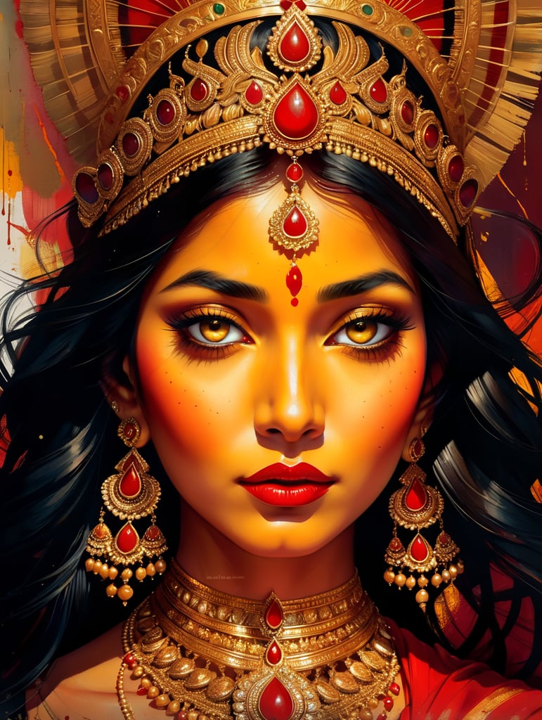 Maa Durga Bengal, rich beautiful red and golden sari, bright makeup, golden jewelry, long black hair, brown eyes, red lips.