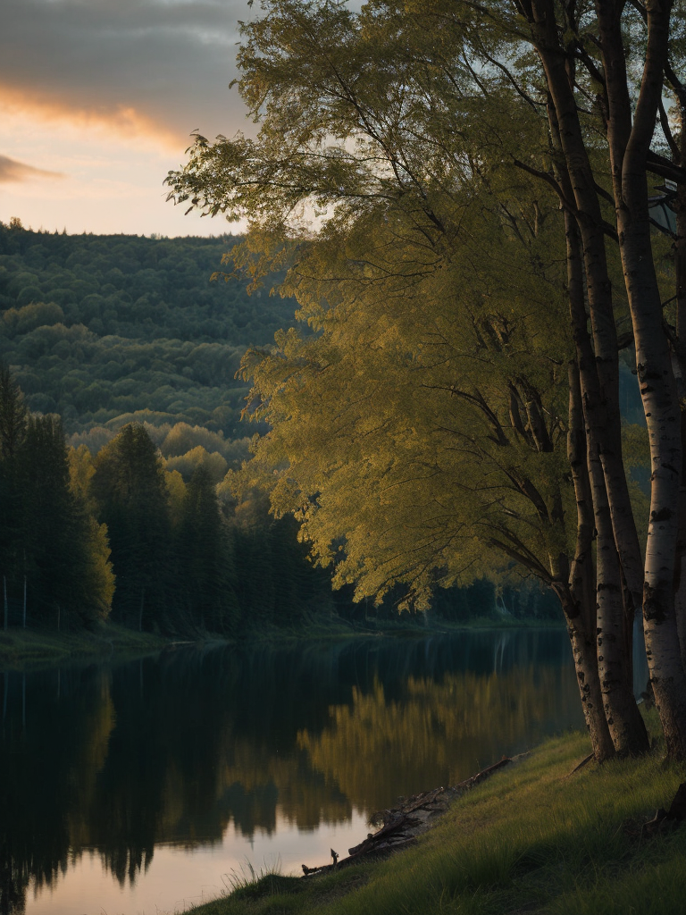 вечер в подмосковье. Много берез и озеро