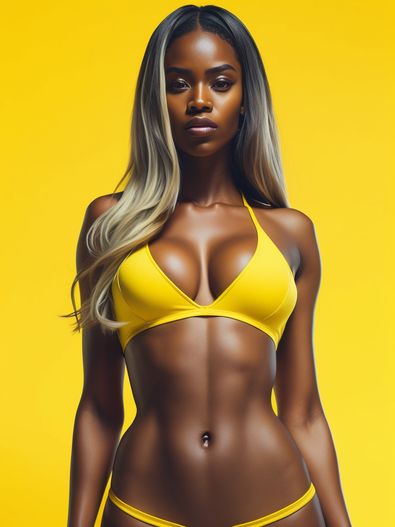 Highly detailed photo of a black women, professional photo, yellow swimsuit, yellow background