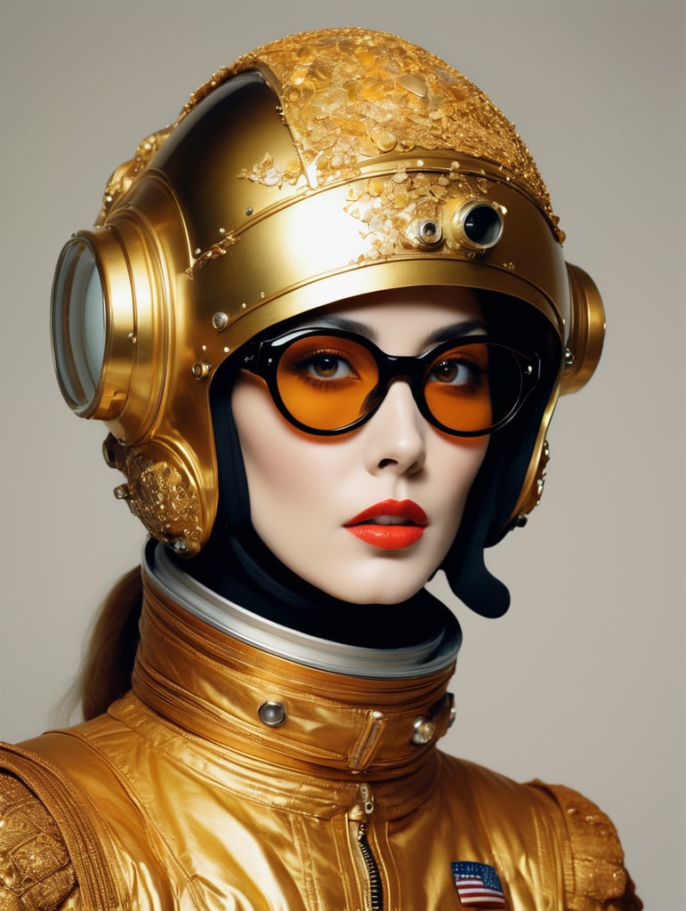 In 1998, abstract fashion photography captured a 1960s astronaut woman in a gold spacesuit with a large helmet and glasses. The art, created by Victor Moscoso and Bridget Riley, used Kodak Ektar 100 film. Carne Griffiths added a touch of magic with fluid art, while artists like Conrad Roset, Ilya Kuvshinov, Mark Fielding, and Zwy Studio emphasized high lights in the eyes. Sergio Lopez and Natalie Shau also contributed to the artwork.