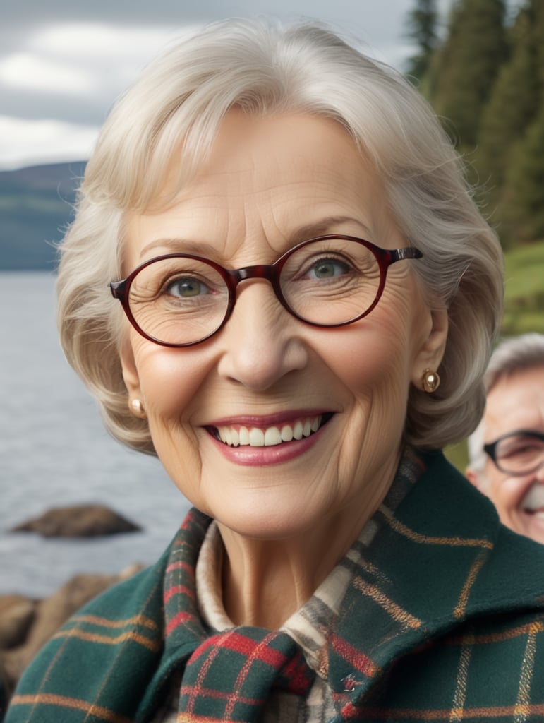 portrait of a 55year white woman with a round smiling face, glasses, Tartan clothes, Loch Ness monster, clear details