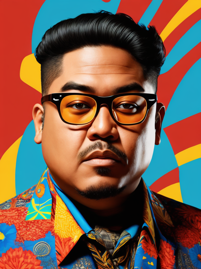 Israel Kamakawiwoʻole wearing a brightly patterned jacket and wayfarer glasses, Vivid saturated colors, Contrast color